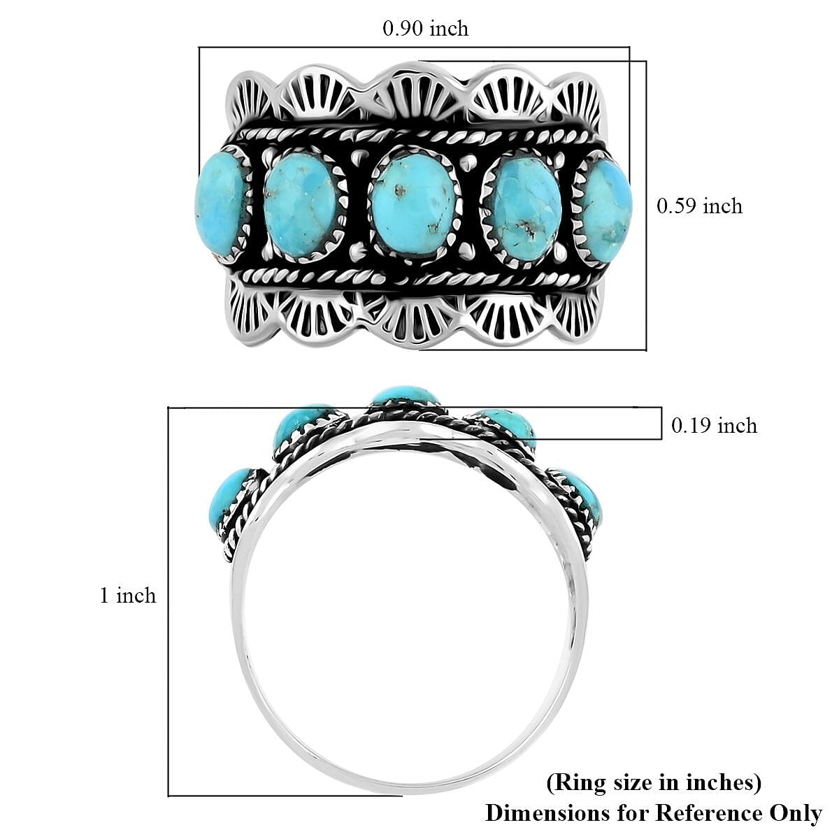 Santa Fe Style Kingman Turquoise 3.35 ctw 5 Stone Ring in Sterling Silver (Size 6.0) image number 4