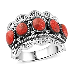 Santa Fe Style Red Coral 5 Stone Ring in Sterling Silver (Size 8.0)