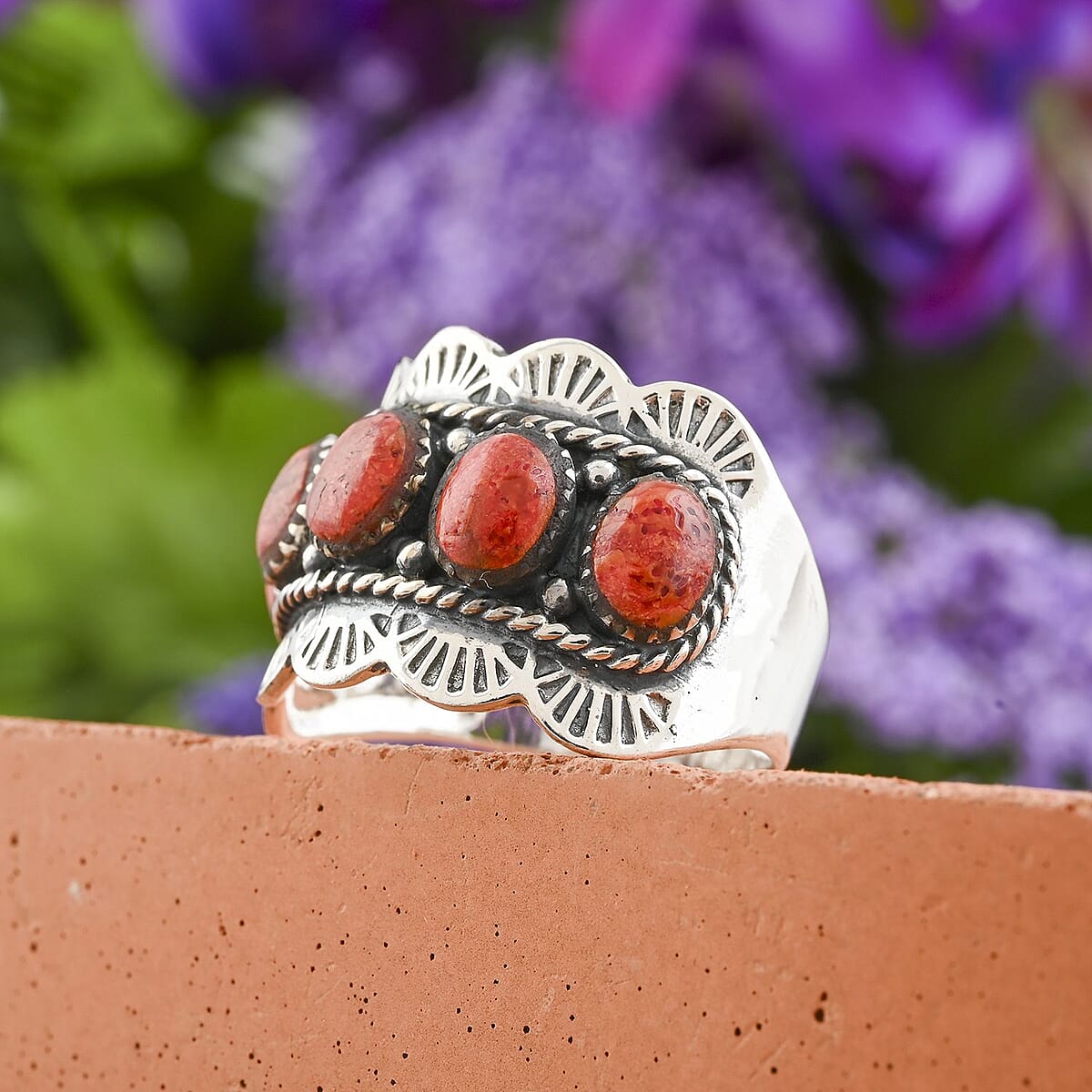 Santa Fe Style Red Coral 5 Stone Ring in Sterling Silver (Size 8.0) image number 1