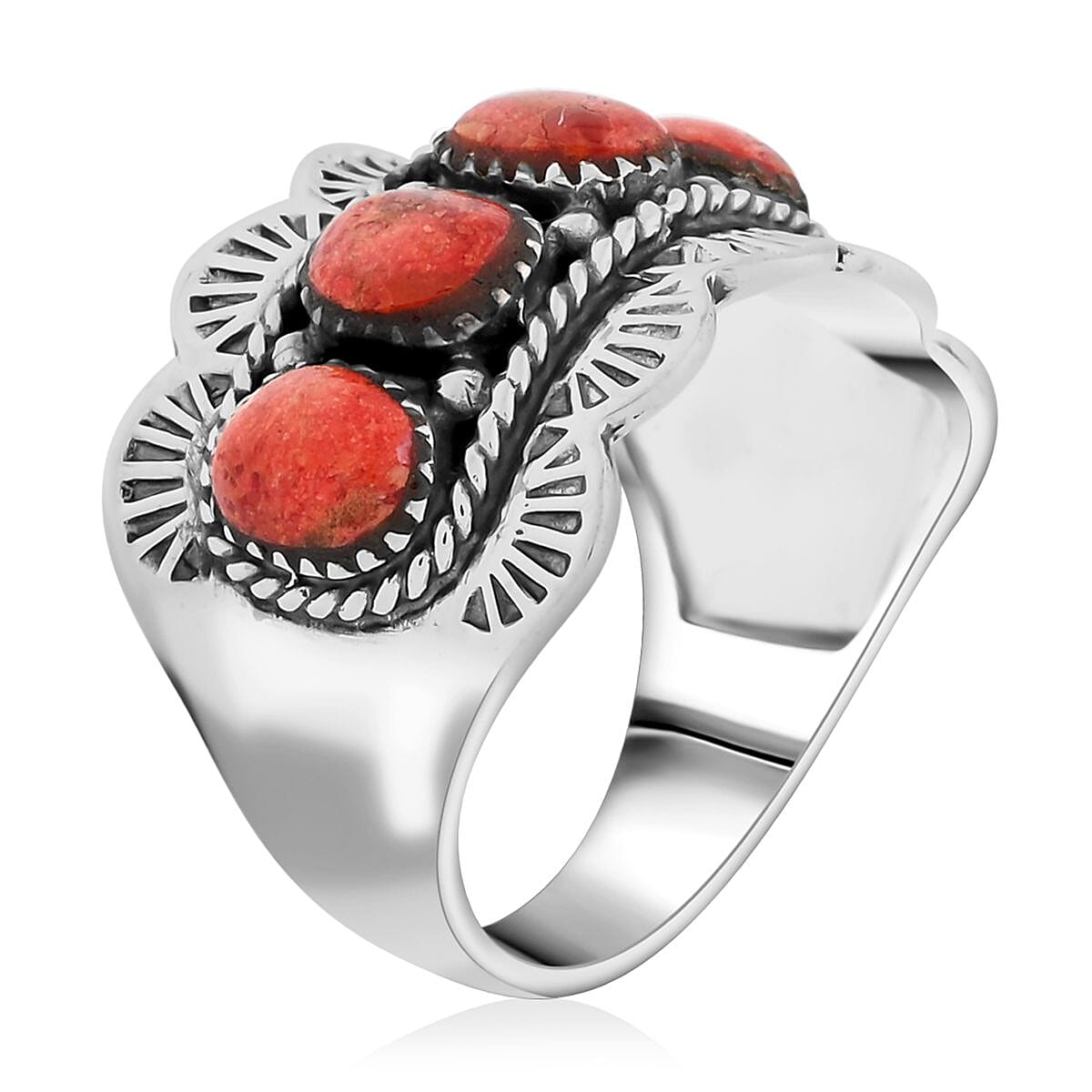 Santa Fe Style Red Coral 5 Stone Ring in Sterling Silver (Size 8.0) image number 3
