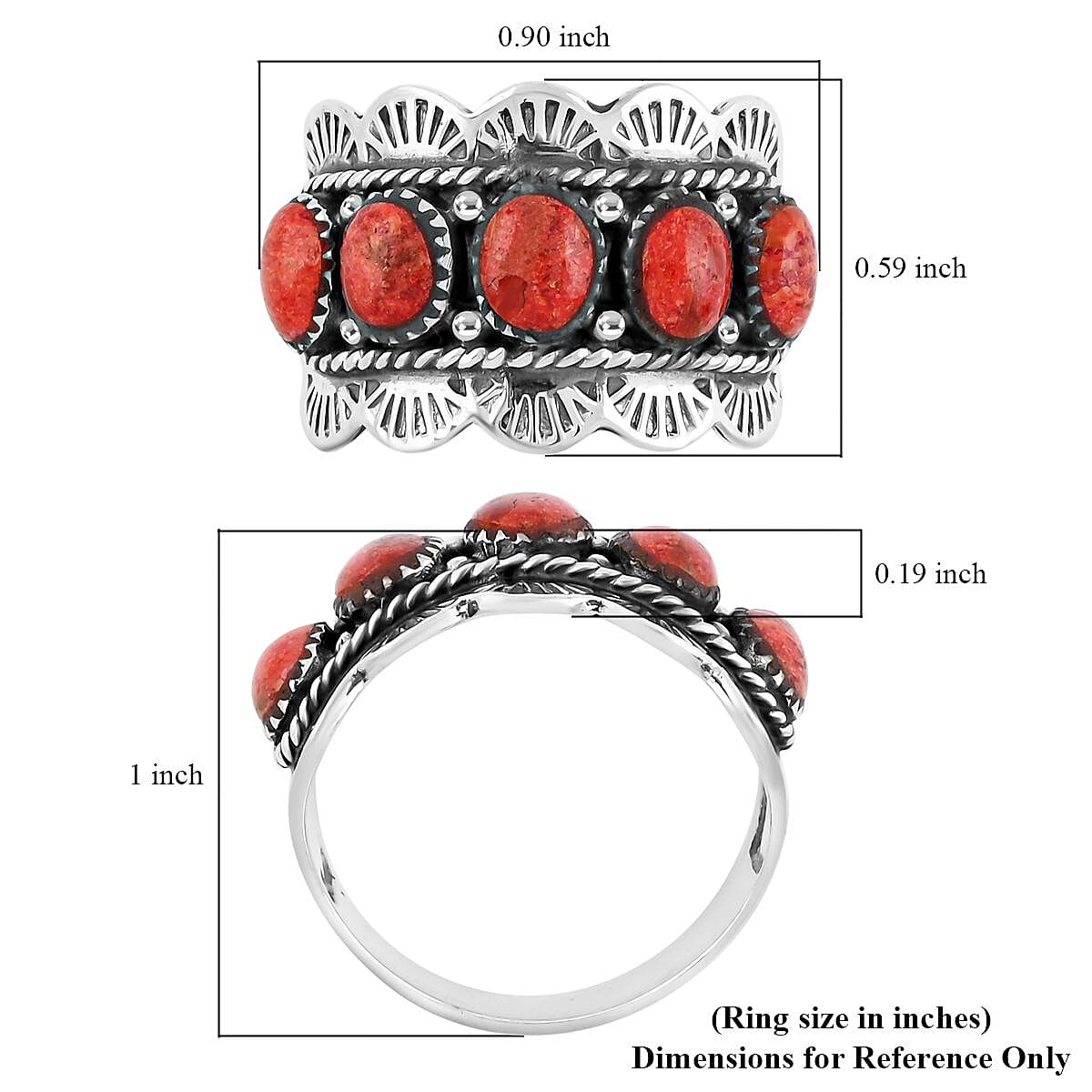 Santa Fe Style Red Coral 5 Stone Ring in Sterling Silver (Size 8.0) image number 4