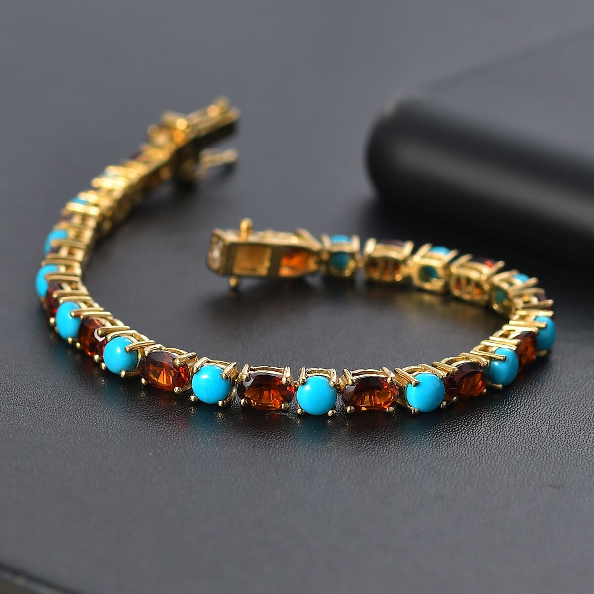 Premium Sleeping Beauty Turquoise and Santa Ana Madeira Citrine 10.75 ctw Tennis Bracelet in 18K Vermeil Yellow Gold Over Sterling Silver (6.50 In) image number 1