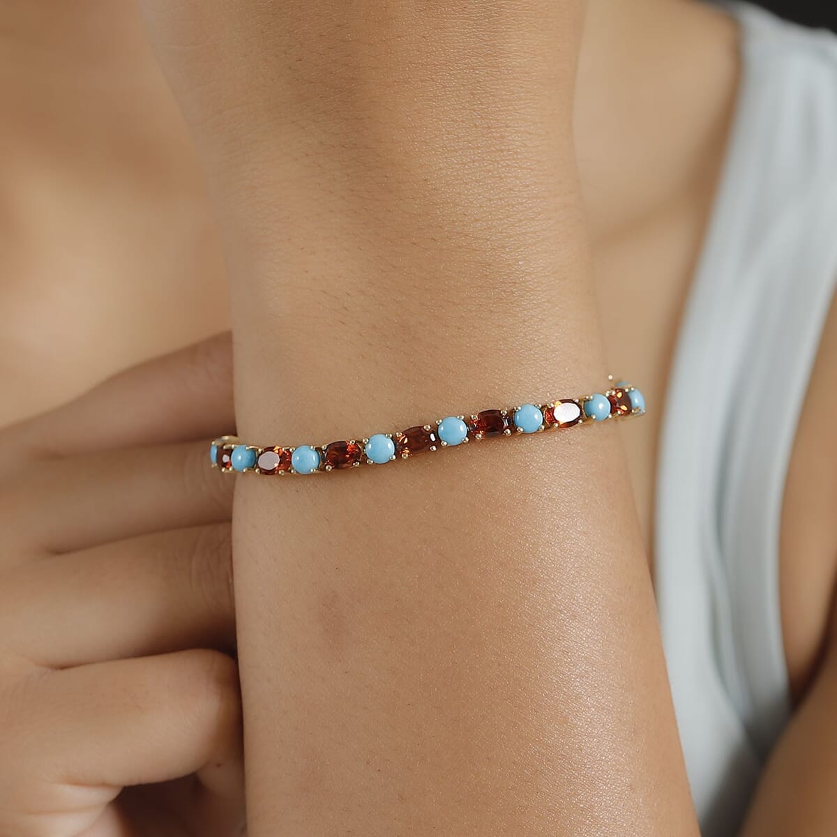 Premium Sleeping Beauty Turquoise and Santa Ana Madeira Citrine 10.75 ctw Tennis Bracelet in 18K Vermeil Yellow Gold Over Sterling Silver (6.50 In) image number 2
