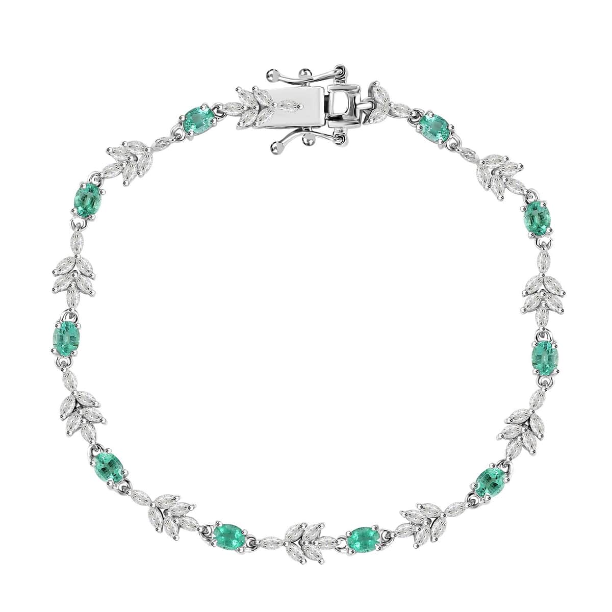 Boyaca Colombian Emerald and Moissanite 3.50 ctw Leaves Bracelet in Rhodium Over Sterling Silver (7.25 In) image number 0