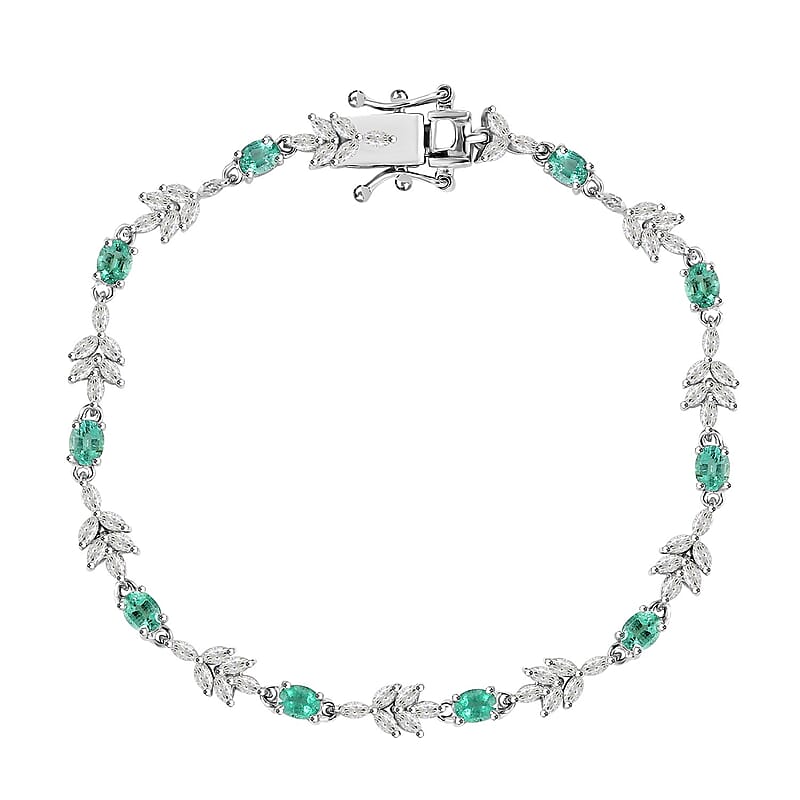 D'Joy Boyaca Colombian Emerald and Moissanite 3.50 ctw Leaves Bracelet in Rhodium Over Sterling Silver (7.25 In)