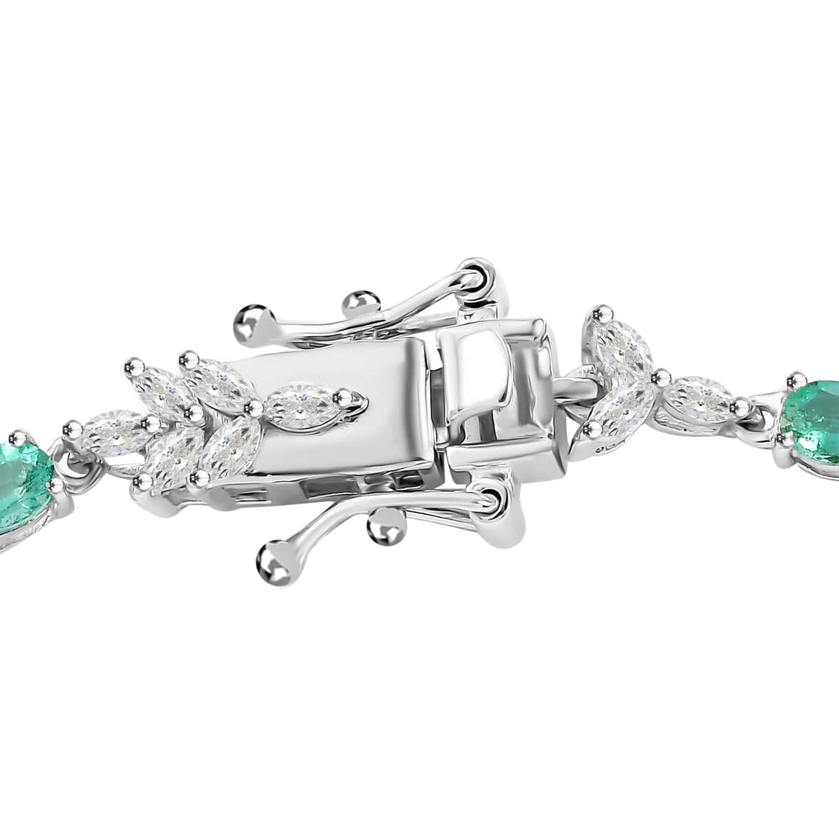 Boyaca Colombian Emerald and Moissanite 3.50 ctw Leaves Bracelet in Rhodium Over Sterling Silver (7.25 In) image number 3