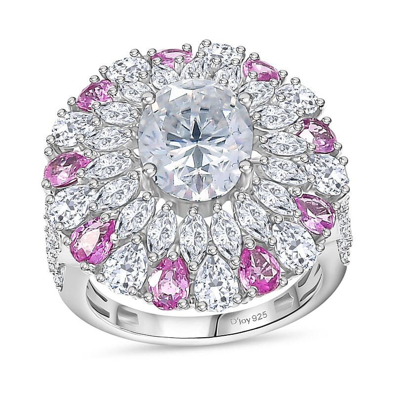 D'Joy Moissanite and Madagascar Pink Sapphire 7.90 ctw Cocktail Ring in Rhodium Over Sterling Silver (Size 10.0)