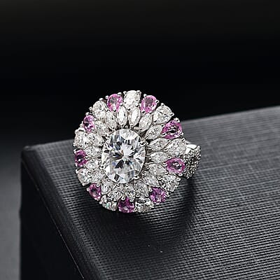 D'Joy Moissanite and Madagascar Pink Sapphire 7.90 ctw Cocktail Ring in Rhodium Over Sterling Silver (Size 10.0)