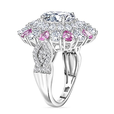D'Joy Moissanite and Madagascar Pink Sapphire 7.90 ctw Cocktail Ring in Rhodium Over Sterling Silver (Size 10.0)