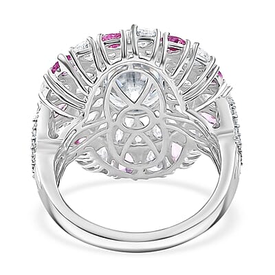 D'Joy Moissanite and Madagascar Pink Sapphire 7.90 ctw Cocktail Ring in Rhodium Over Sterling Silver (Size 10.0)
