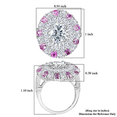 D'Joy Moissanite and Madagascar Pink Sapphire 7.90 ctw Cocktail Ring in Rhodium Over Sterling Silver (Size 10.0)