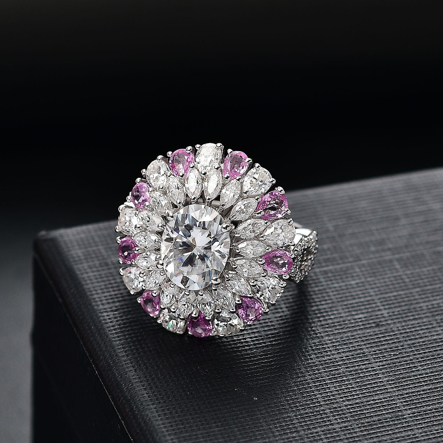 Moissanite (Ovl 10x8mm), Madagascar Pink Sapphire Ring in Rhodium Over Sterling Silver (Size 10.0) 7.90 ctw