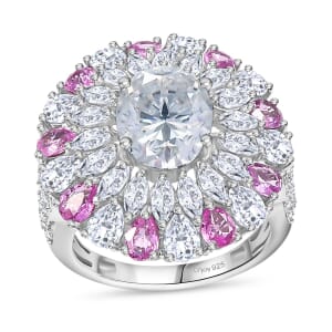 Moissanite and Madagascar Pink Sapphire 7.90 ctw Cocktail Ring in Rhodium Over Sterling Silver (Size 8.0)