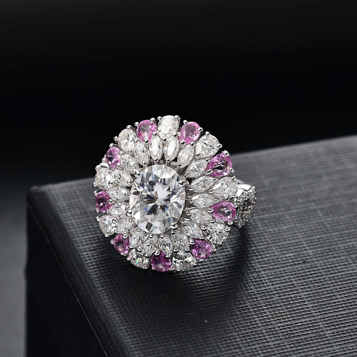 Moissanite and Madagascar Pink Sapphire 7.90 ctw Cocktail Ring in Rhodium Over Sterling Silver (Size 8.0) image number 1