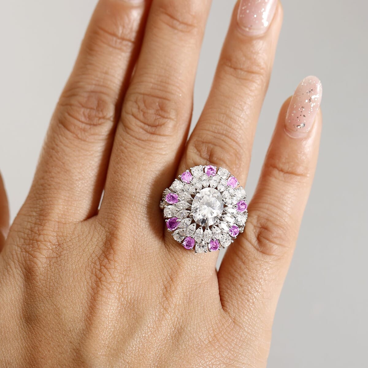 Moissanite and Madagascar Pink Sapphire 7.90 ctw Cocktail Ring in Rhodium Over Sterling Silver (Size 8.0) image number 2