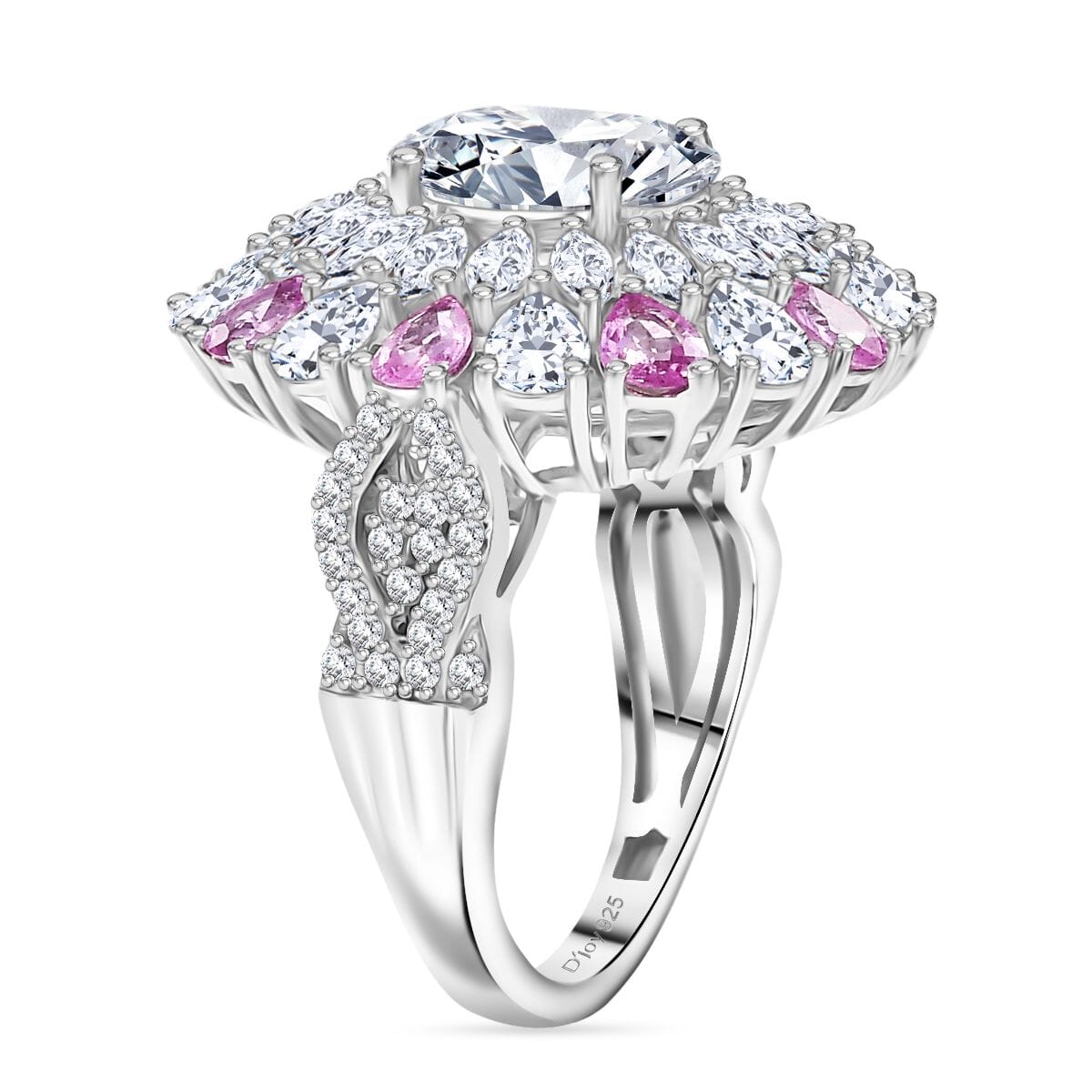 Moissanite and Madagascar Pink Sapphire 7.90 ctw Cocktail Ring in Rhodium Over Sterling Silver (Size 8.0) image number 3