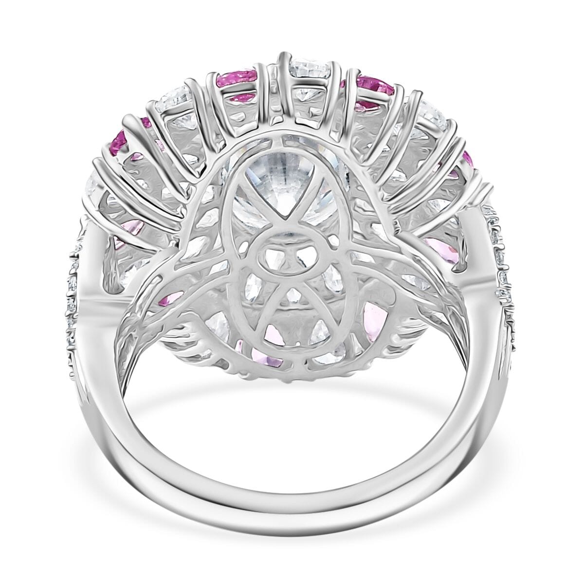 Moissanite and Madagascar Pink Sapphire 7.90 ctw Cocktail Ring in Rhodium Over Sterling Silver (Size 8.0) image number 4