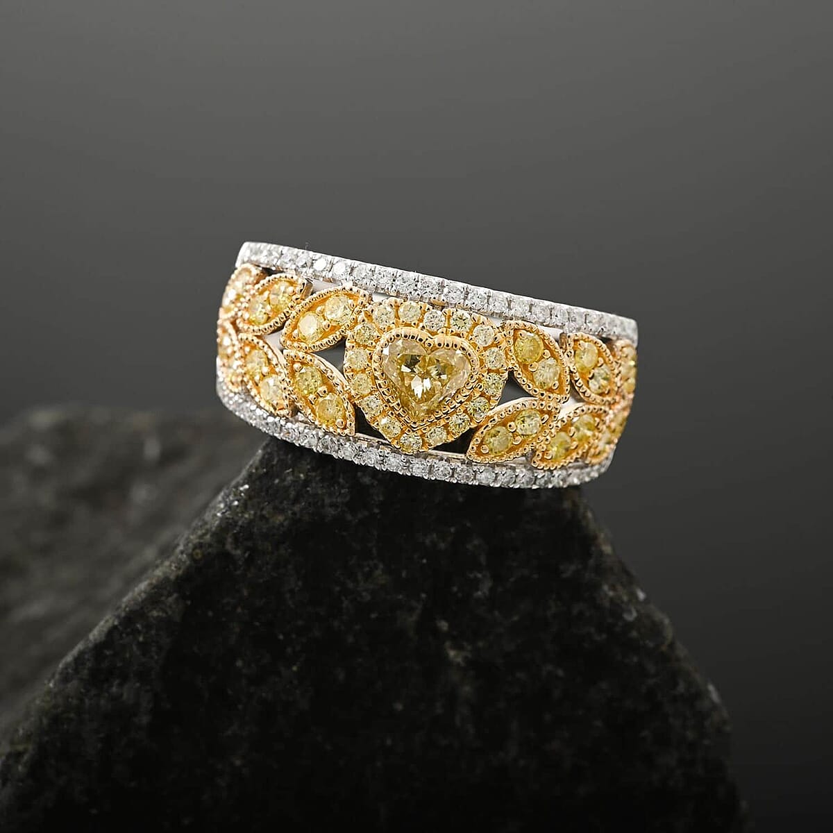 Modani 14K Yellow and White Gold Natural Yellow Diamond, White Diamond (I1) Ring (Size 6.5) 1.00 ctw image number 1