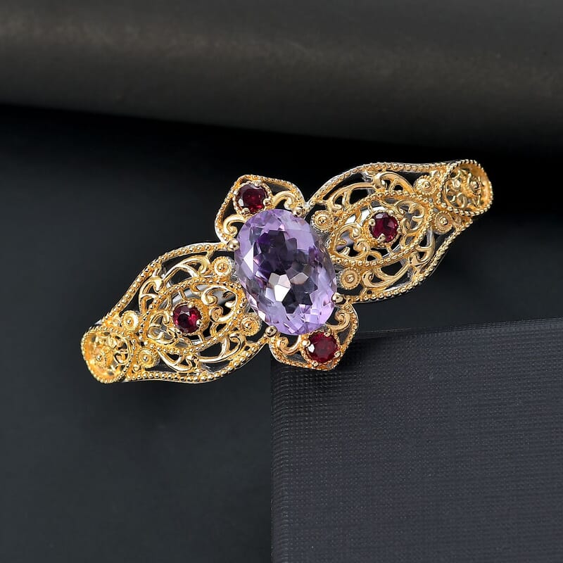 Karis Rose De France Amethyst and Orissa Rhodolite Garnet 13.40 ctw Bangle Bracelet in 18K YG Plated and Platinum Bond (6.50 In)