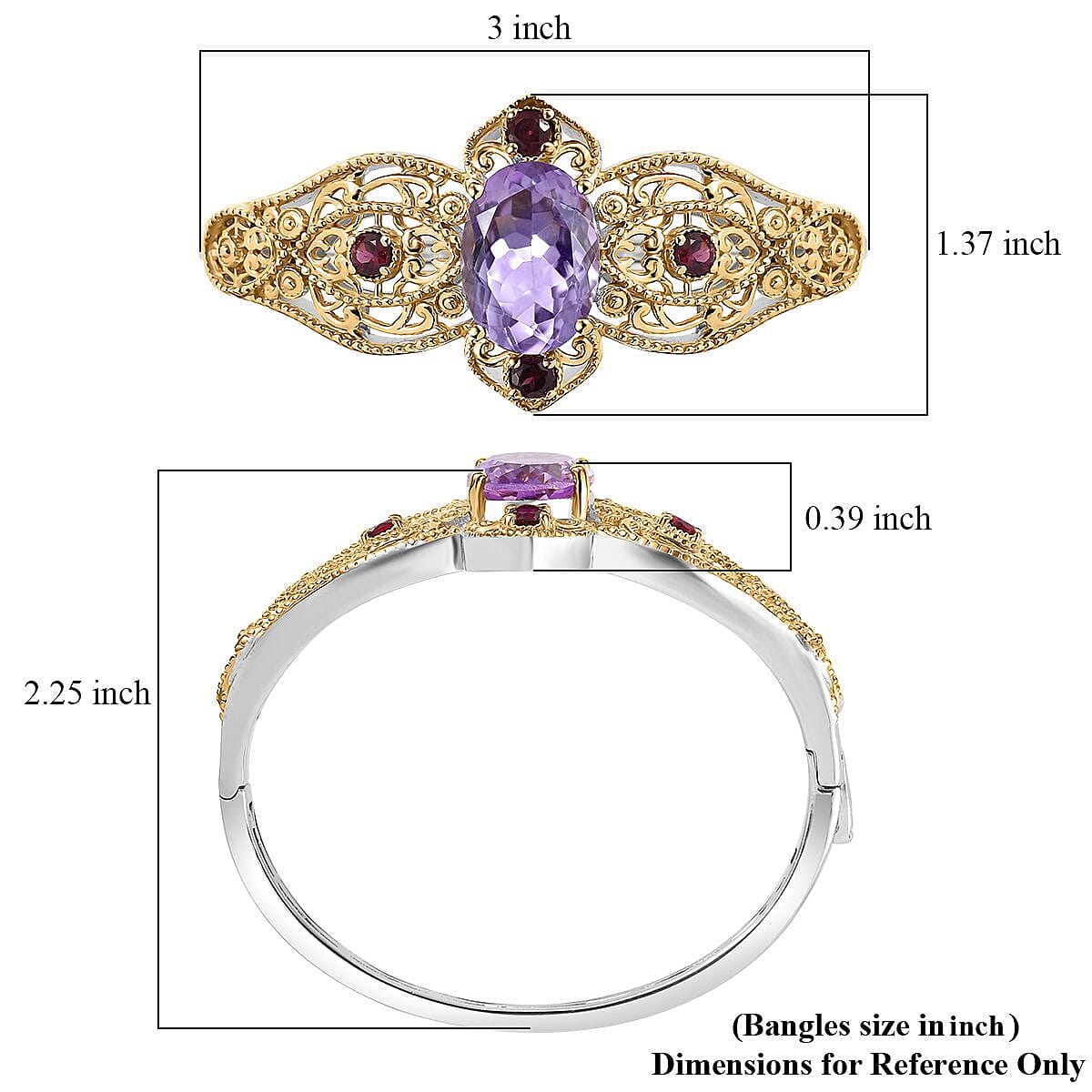 Karis Rose De France Amethyst and Orissa Rhodolite Garnet 13.40 ctw Bangle Bracelet in 18K YG Plated and Platinum Bond (6.50 In)