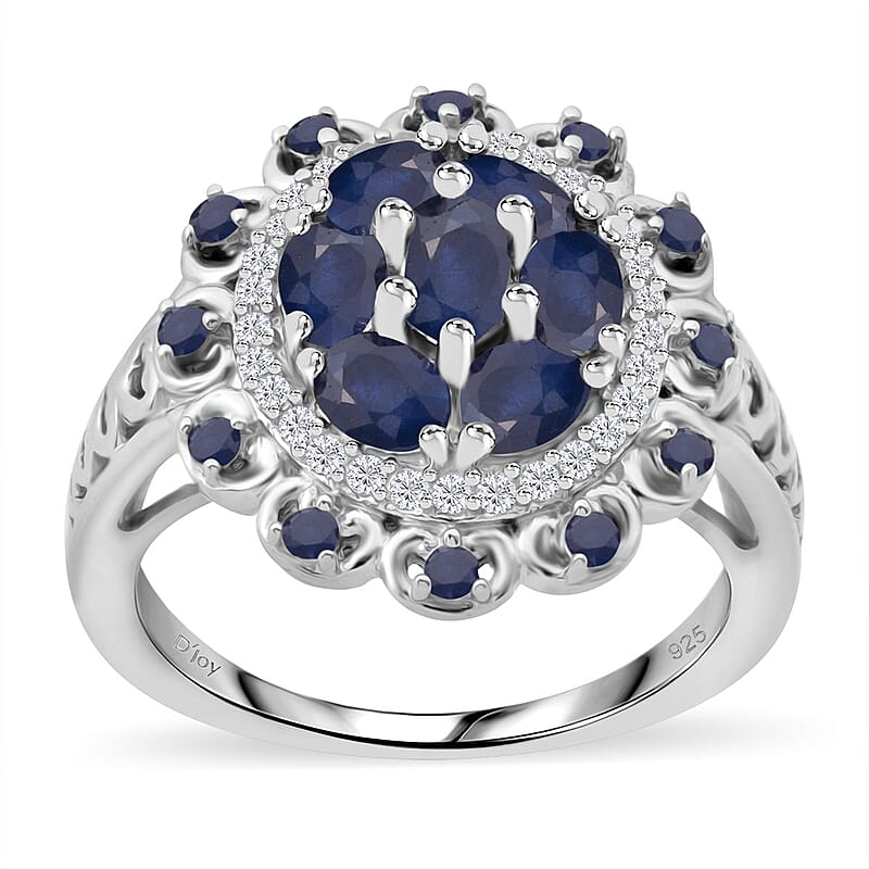 Kanchanaburi Blue Sapphire and White Zircon 2.25 ctw Cluster Halo Ring in Rhodium Over Sterling Silver (Size 10.0)