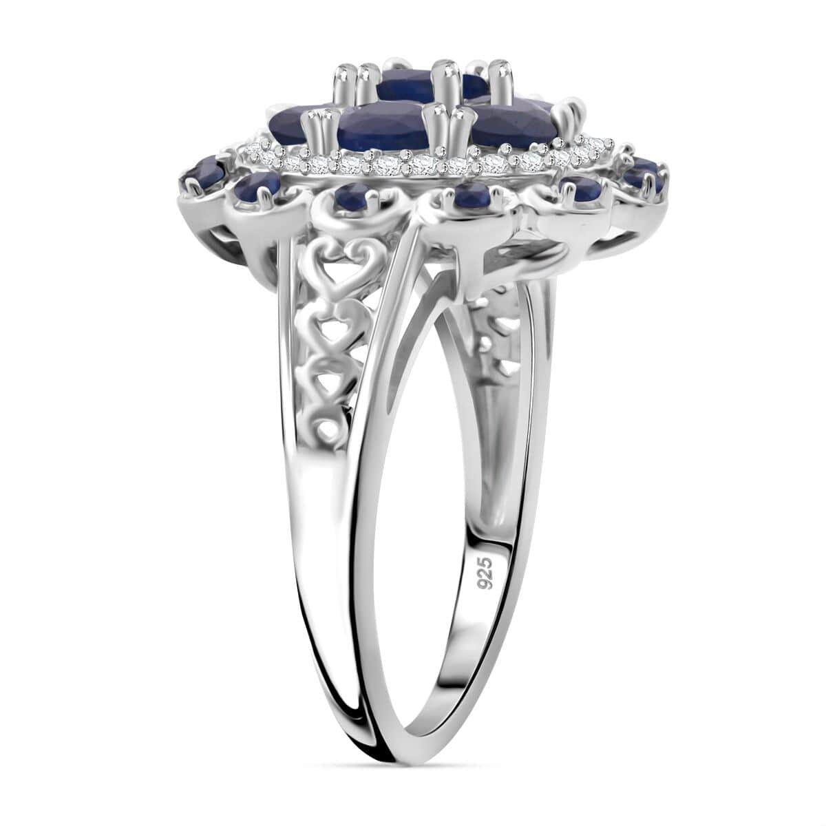 Kanchanaburi Blue Sapphire, White Zircon Ring in Rhodium Over Sterling Silver (Size 10.0) 2.25 ctw image number 3