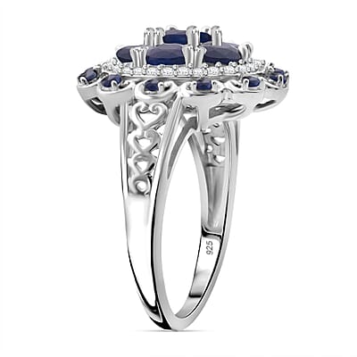 Kanchanaburi Blue Sapphire and White Zircon 2.25 ctw Cluster Halo Ring in Rhodium Over Sterling Silver (Size 10.0)
