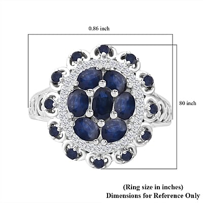Kanchanaburi Blue Sapphire and White Zircon 2.25 ctw Cluster Halo Ring in Rhodium Over Sterling Silver (Size 10.0)