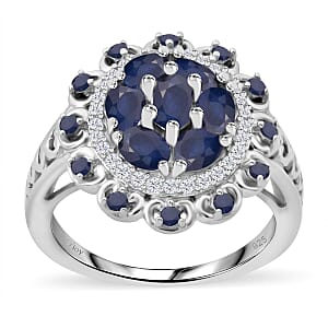 Kanchanaburi Blue Sapphire and White Zircon 2.25 ctw Cluster Halo Ring in Rhodium Over Sterling Silver (Size 7.0)