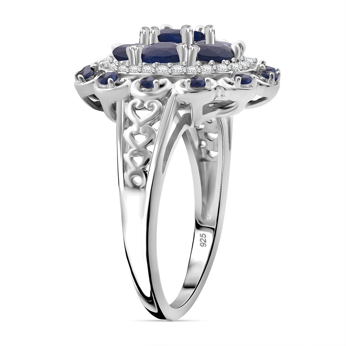 Kanchanaburi Blue Sapphire and White Zircon 2.25 ctw Cluster Halo Ring in Rhodium Over Sterling Silver (Size 7.0) image number 3