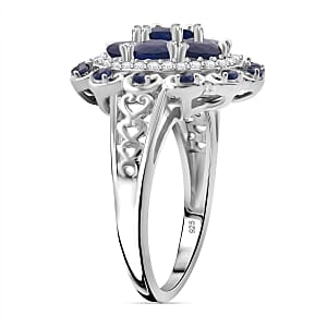 Kanchanaburi Blue Sapphire and White Zircon 2.25 ctw Cluster Halo Ring in Rhodium Over Sterling Silver (Size 7.0)