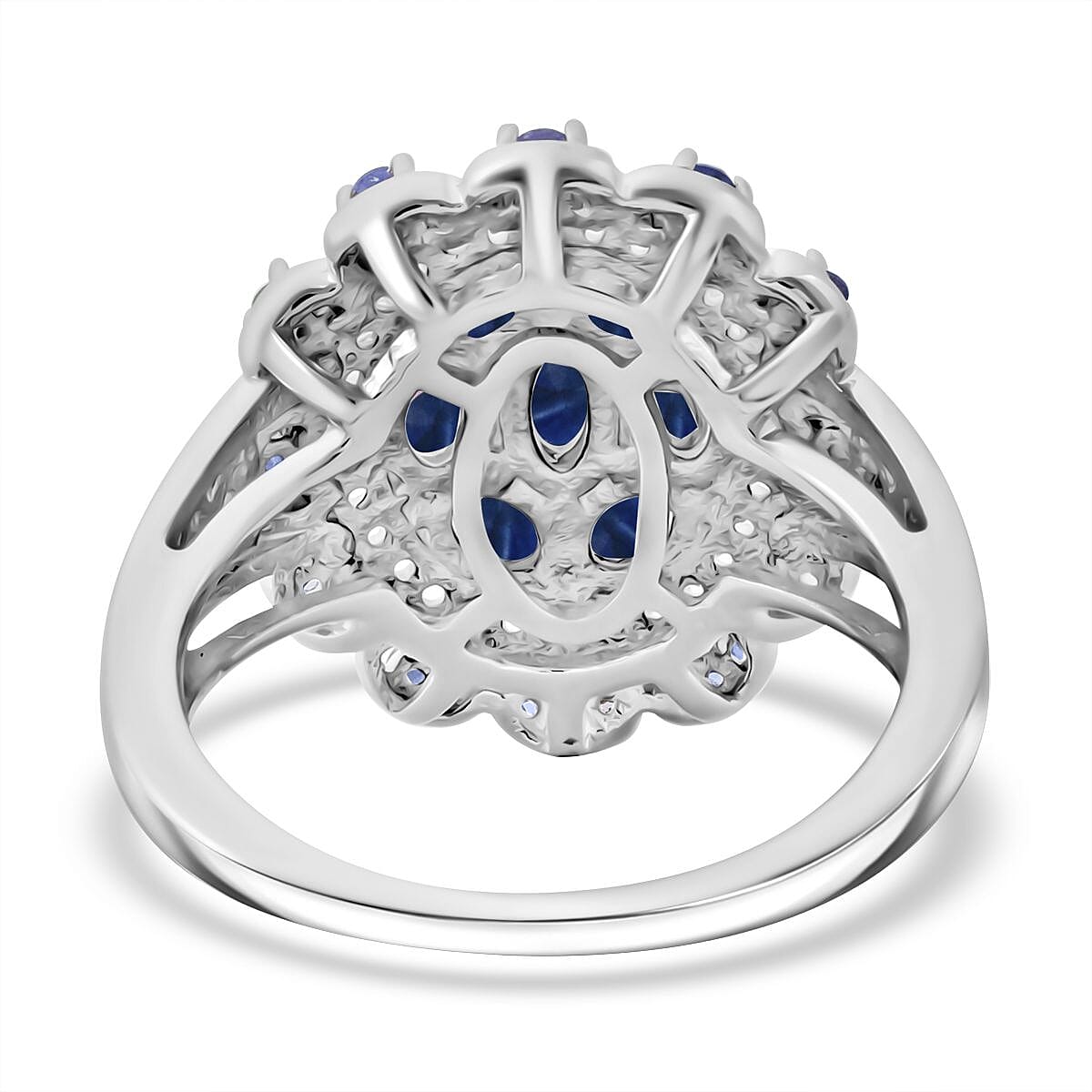 Kanchanaburi Blue Sapphire and White Zircon 2.25 ctw Cluster Halo Ring in Rhodium Over Sterling Silver (Size 7.0) image number 4