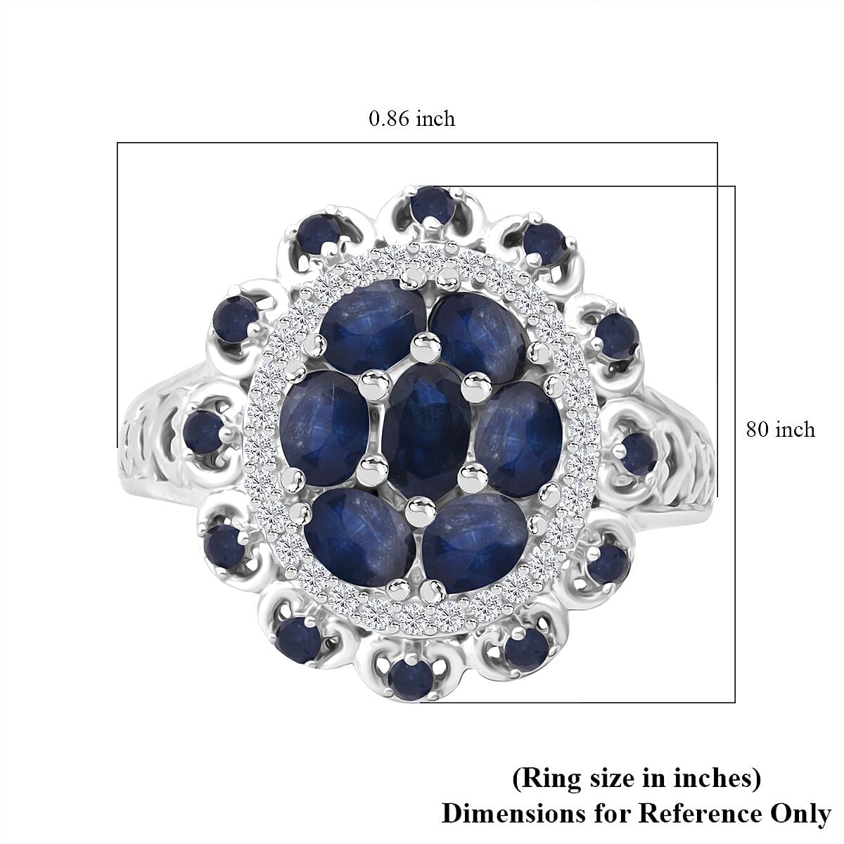 Kanchanaburi Blue Sapphire and White Zircon 2.25 ctw Cluster Halo Ring in Rhodium Over Sterling Silver (Size 7.0) image number 5