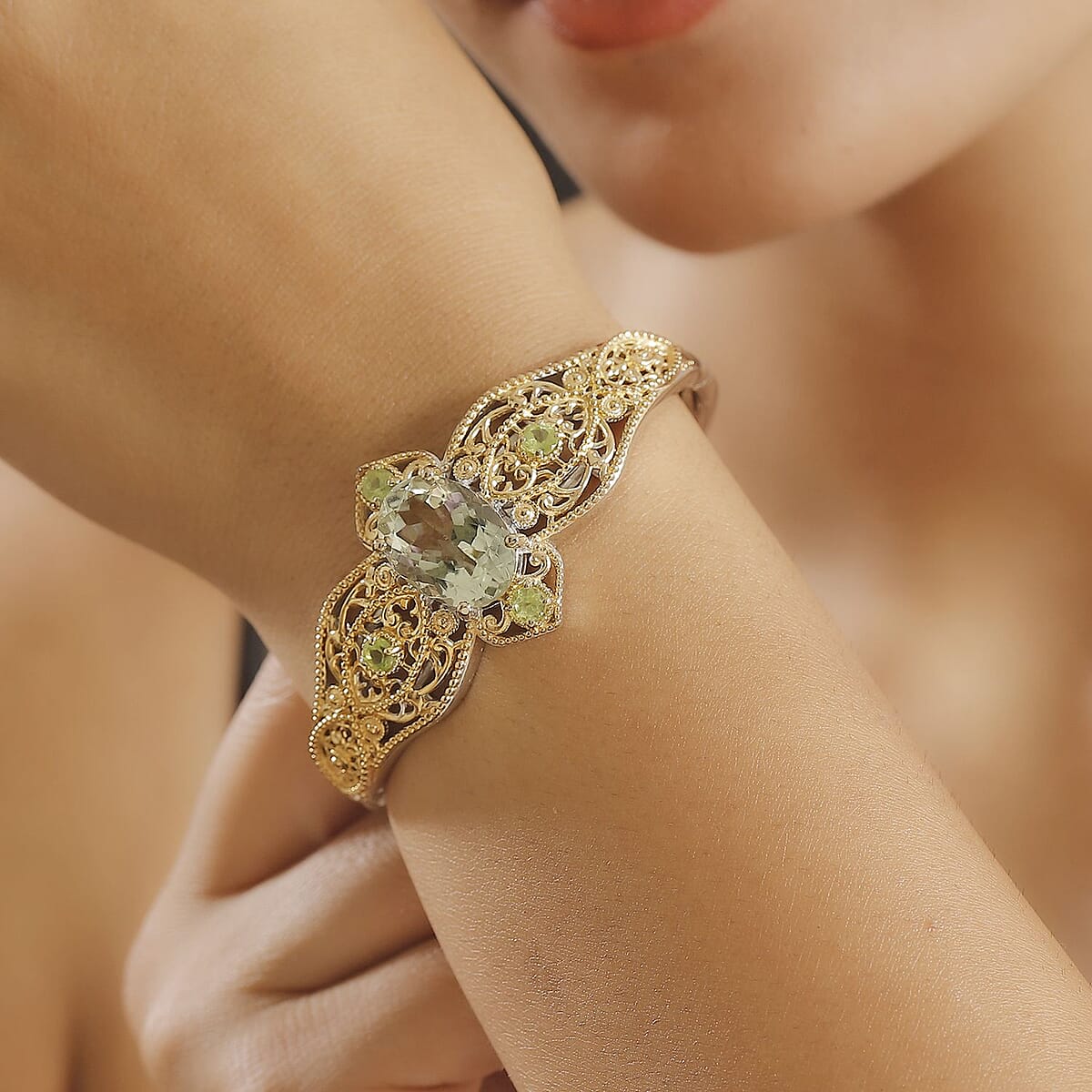 Karis Montezuma Prasiolite and Peridot 11.85 ctw Bangle Bracelet in 18K YG Plated and Platinum Bond (6.50 In) image number 2