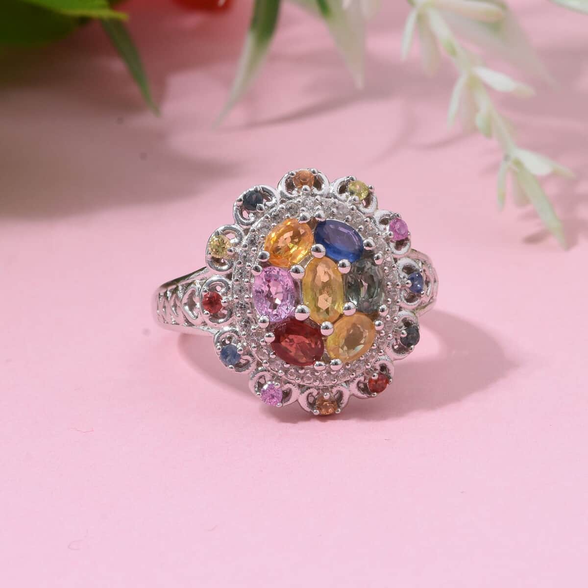 Multi Sapphire and White Zircon 2.15 ctw Cluster Halo Ring in Rhodium Over Sterling Silver (Size 10.0) image number 1