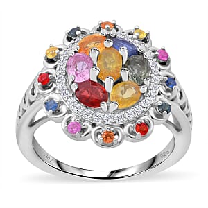 Multi Sapphire and White Zircon 2.15 ctw Cluster Halo Ring in Rhodium Over Sterling Silver (Size 8.0)
