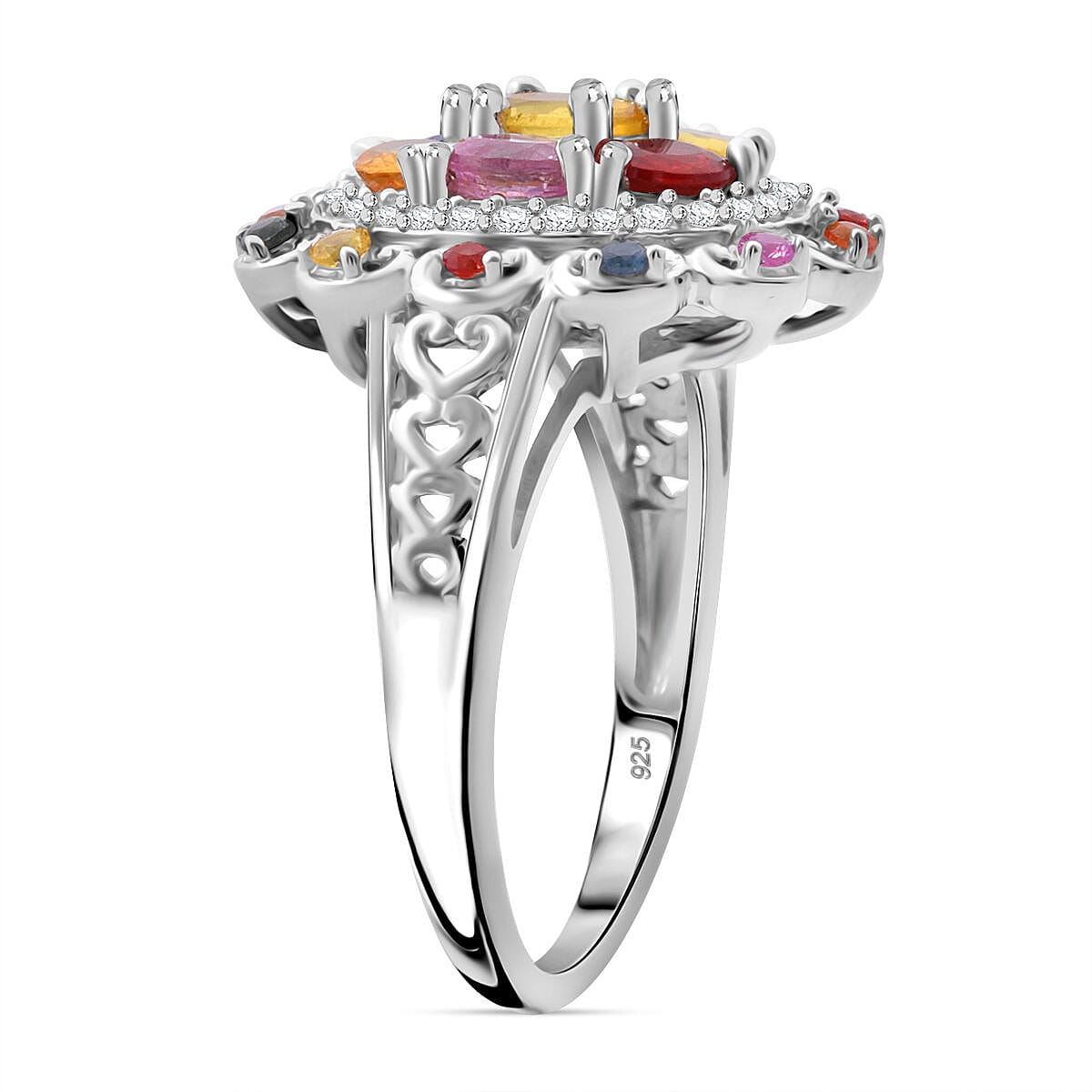 Multi Sapphire and White Zircon 2.15 ctw Cluster Halo Ring in Rhodium Over Sterling Silver (Size 8.0) image number 3