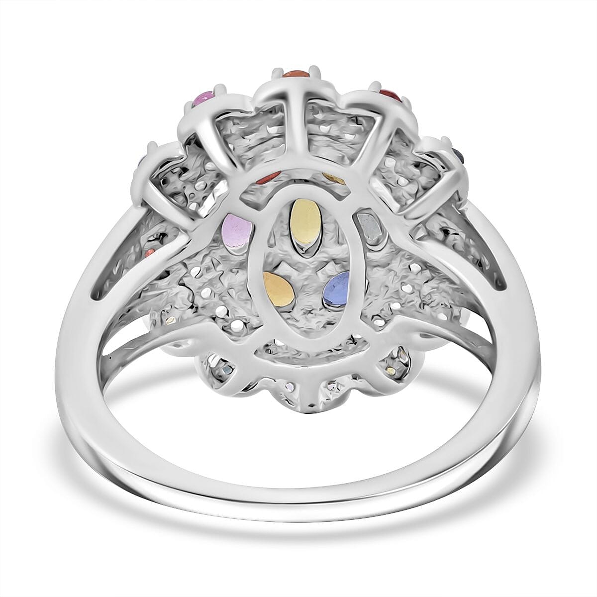 Multi Sapphire and White Zircon 2.15 ctw Cluster Halo Ring in Rhodium Over Sterling Silver (Size 8.0) image number 4