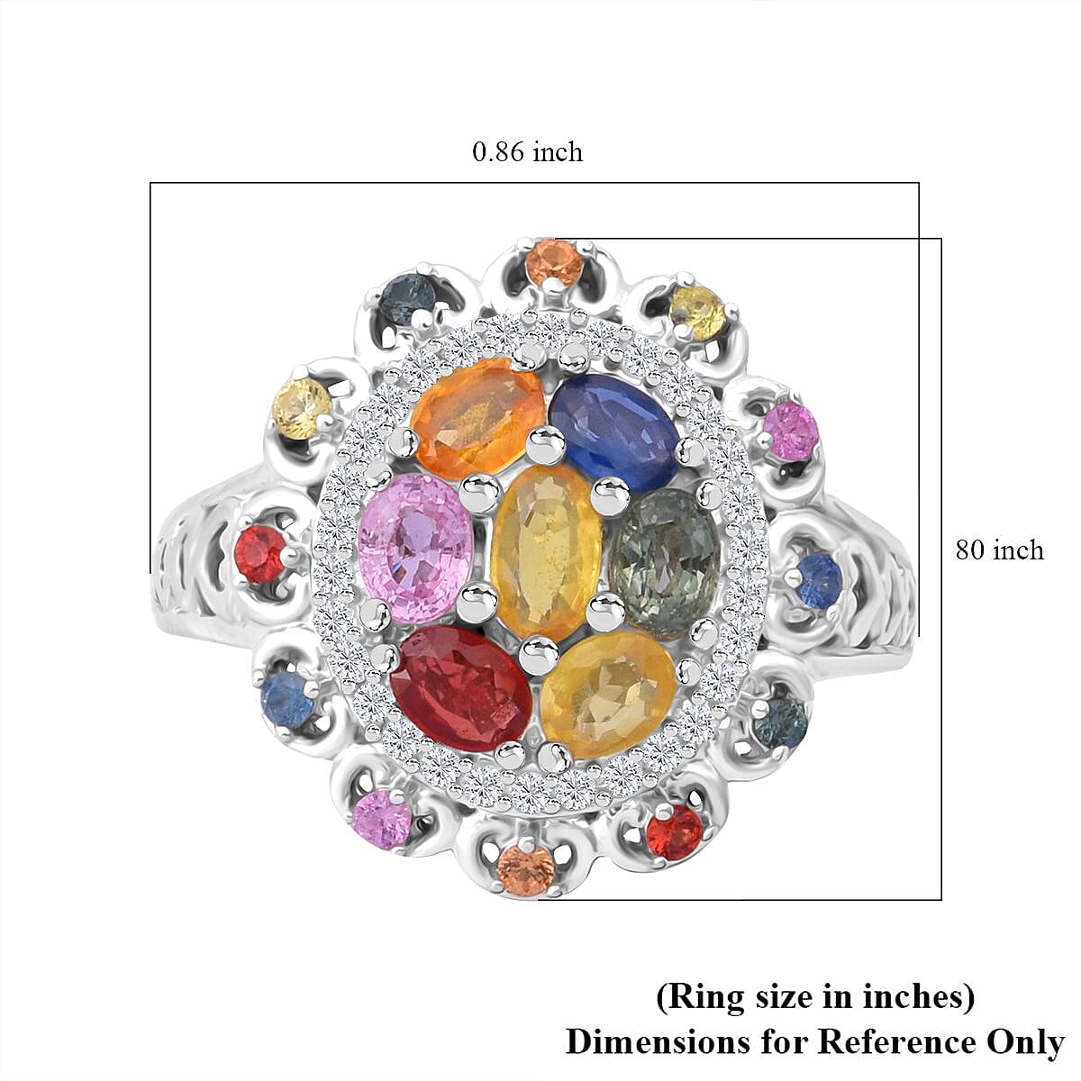 Multi Sapphire and White Zircon 2.15 ctw Cluster Halo Ring in Rhodium Over Sterling Silver (Size 8.0) image number 5