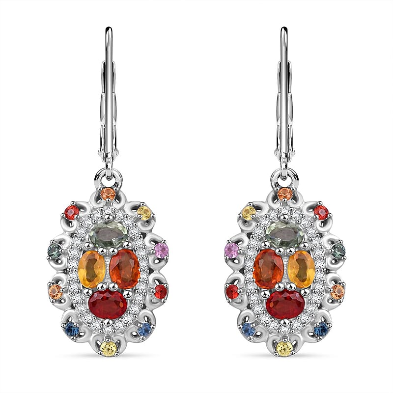 Multi Sapphire and White Zircon 2.75 ctw Cluster Halo Earrings in Rhodium Over Sterling Silver