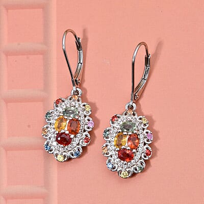 Multi Sapphire and White Zircon 2.75 ctw Cluster Halo Earrings in Rhodium Over Sterling Silver