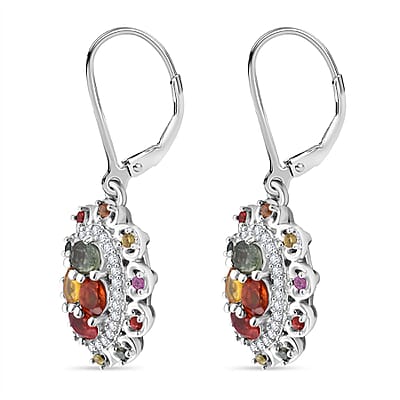 Multi Sapphire and White Zircon 2.75 ctw Cluster Halo Earrings in Rhodium Over Sterling Silver