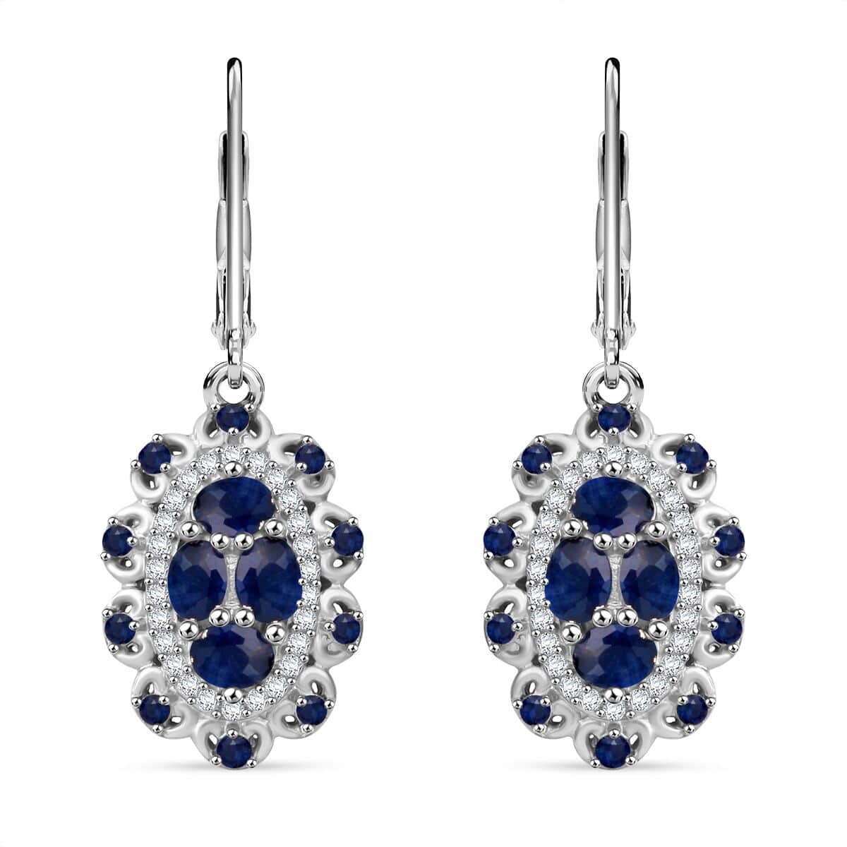 Kanchanaburi Blue Sapphire and White Zircon 2.85 ctw Cluster Halo Earrings in Rhodium Over Sterling Silver image number 0