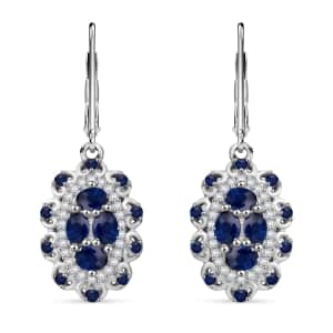 Kanchanaburi Blue Sapphire and White Zircon 2.85 ctw Cluster Halo Earrings in Rhodium Over Sterling Silver