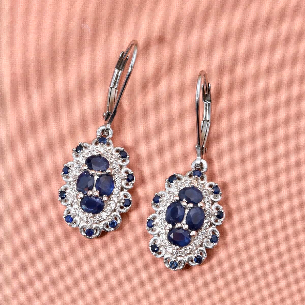 Kanchanaburi Blue Sapphire and White Zircon 2.85 ctw Cluster Halo Earrings in Rhodium Over Sterling Silver image number 1