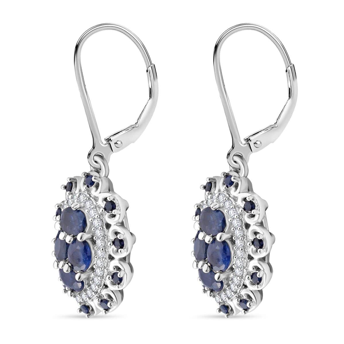 Kanchanaburi Blue Sapphire and White Zircon 2.85 ctw Cluster Halo Earrings in Rhodium Over Sterling Silver image number 3