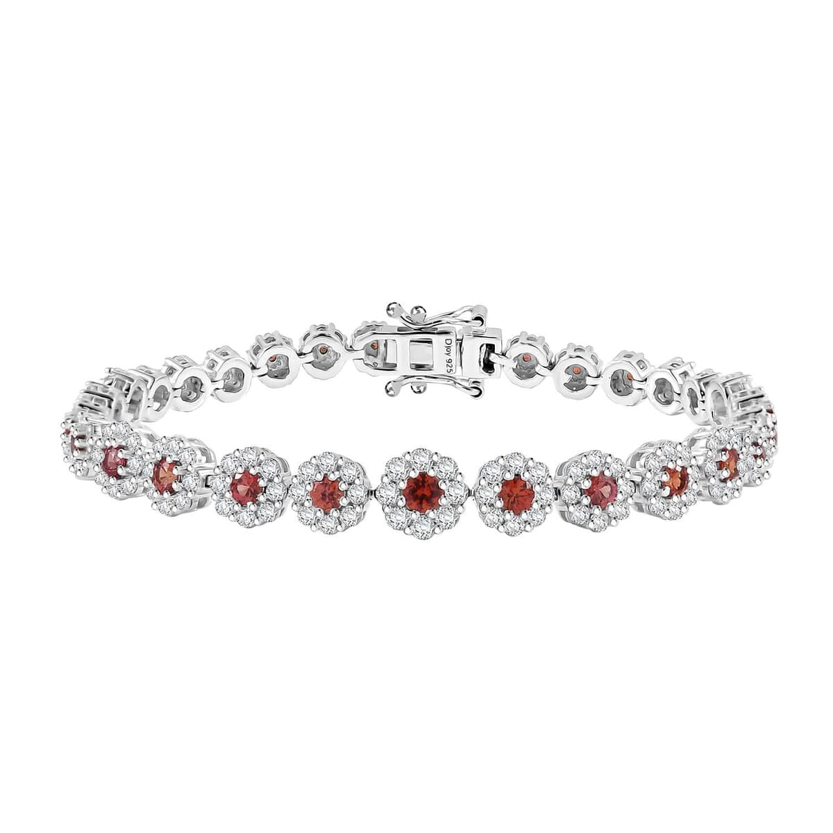 Premium Red Sapphire and Moissanite 7.10 ctw Floral Halo Bracelet in Rhodium Over Sterling Silver (7.25 In) (Del. in 10-12 Days) image number 0