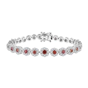 Premium Red Sapphire and Moissanite 7.10 ctw Floral Halo Bracelet in Rhodium Over Sterling Silver (7.25 In) (Del. in 10-12 Days)