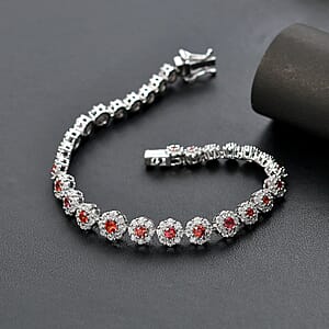 D'Joy Premium Red Sapphire and Moissanite 7.10 ctw Floral Halo Bracelet in Rhodium Over Sterling Silver (7.25 In)