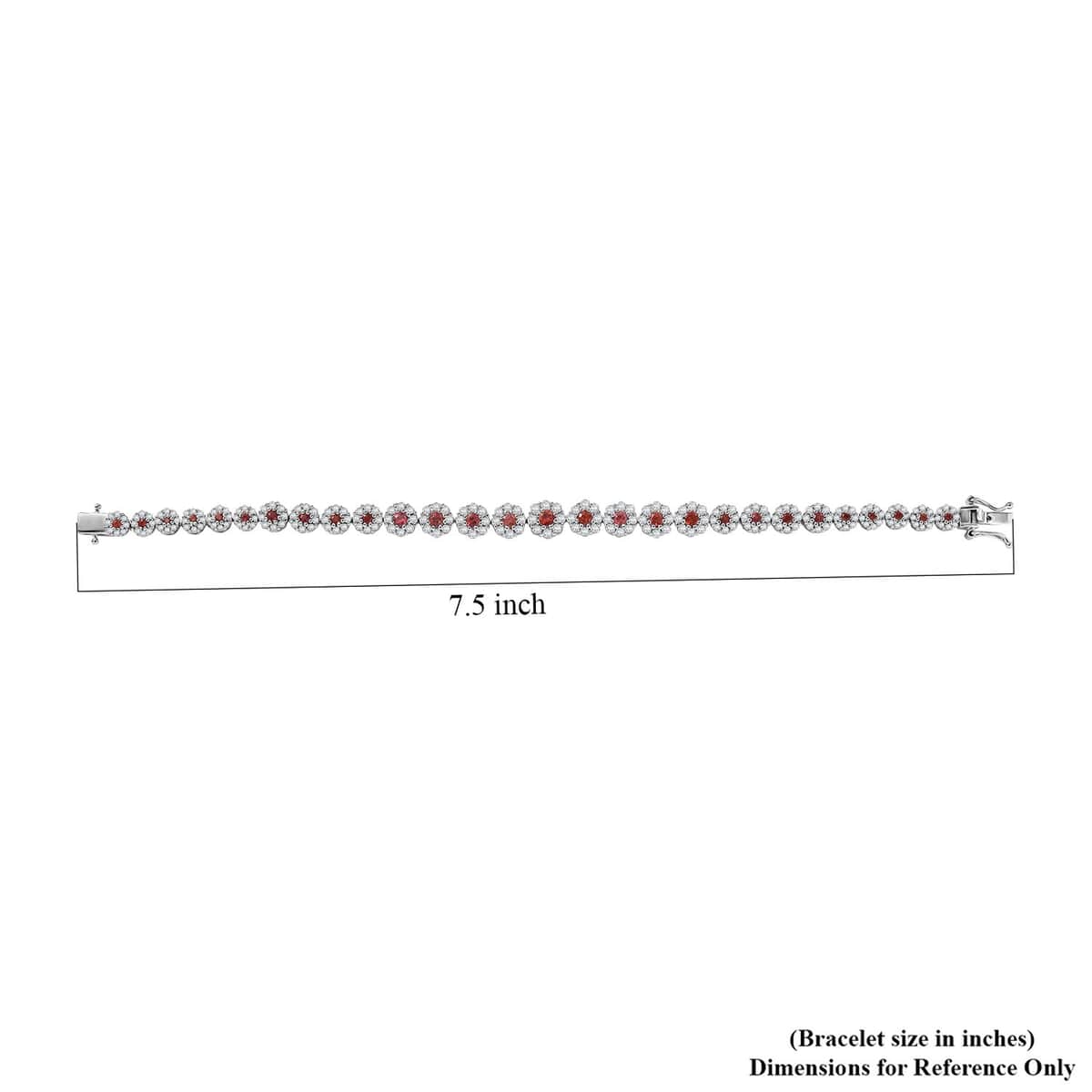 Premium Red Sapphire and Moissanite 7.10 ctw Floral Halo Bracelet in Rhodium Over Sterling Silver (7.25 In) (Del. in 10-12 Days) image number 4